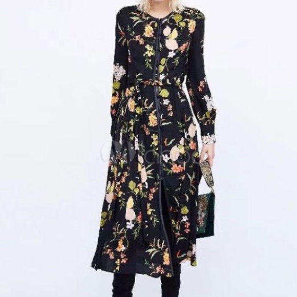 Zara Dresses & Skirts - ZARA Black Floral Maxi Dress Long Sleeve Frog Closures Asian Inspired